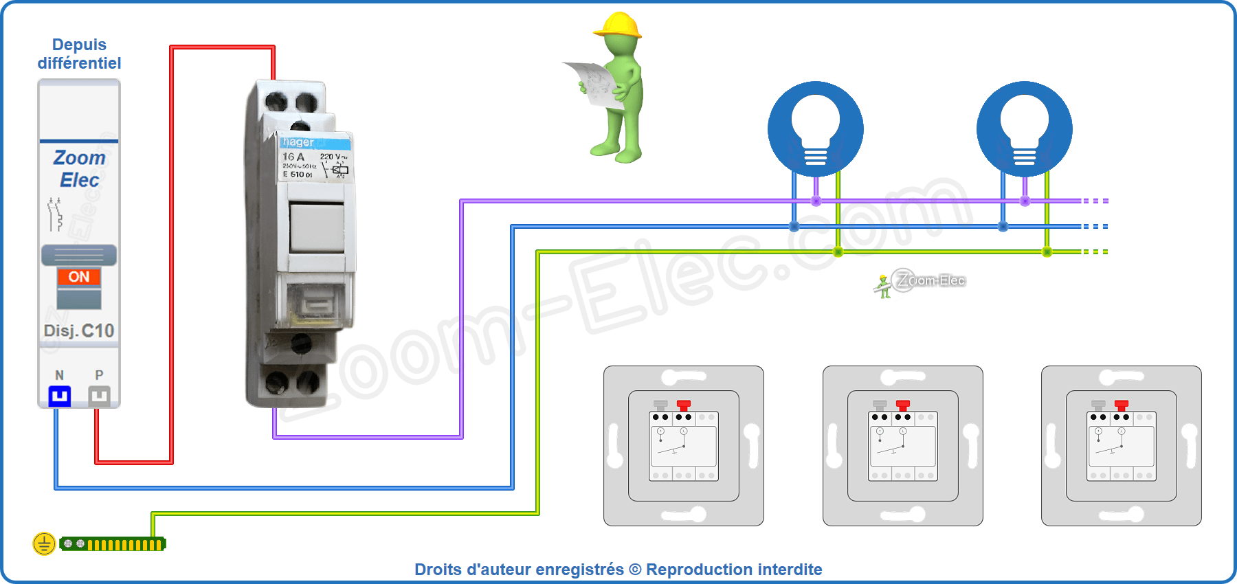 Installation et raccordement du circuit de puissance de l'ancien modèle de télérupteur unipolaire Hager E510