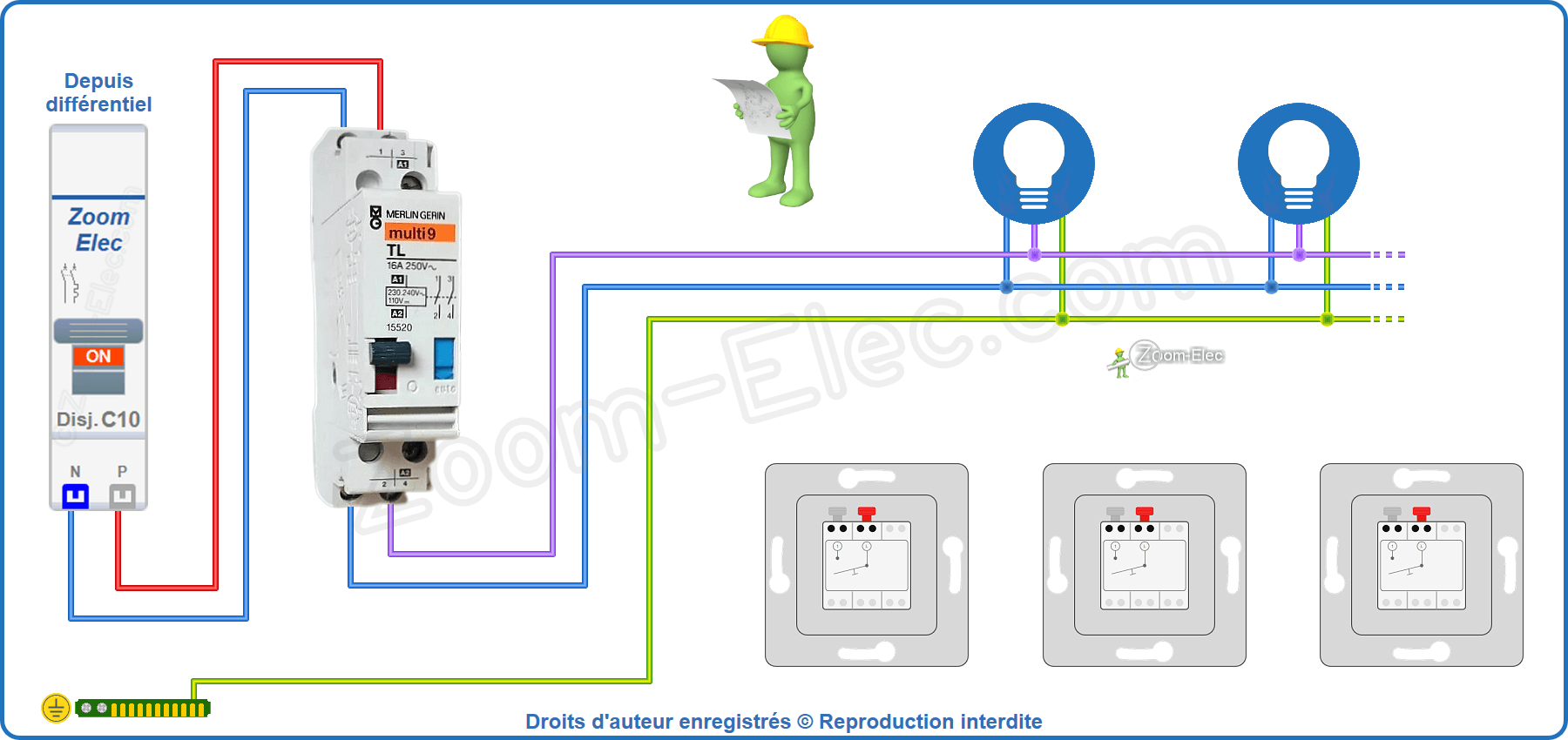 Installation et raccordement du circuit de puissance de l'ancien modèle de télérupteur Merlin Gerin Multi9 15520