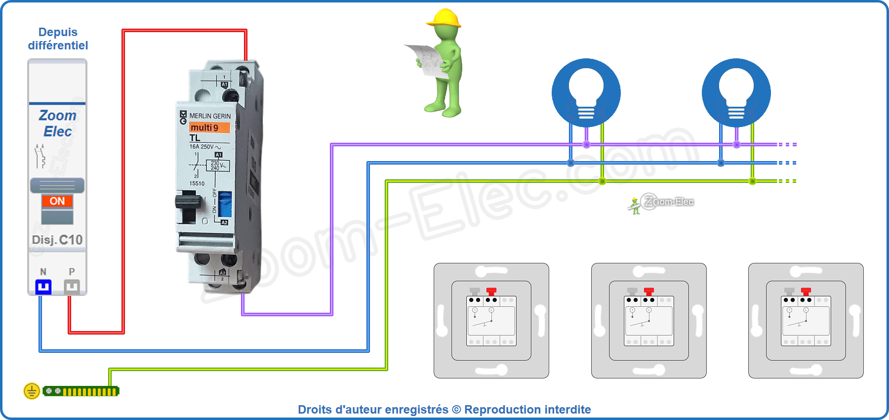 Installation et raccordement du circuit de puissance de l'ancien modèle de télérupteur unipolaire Merlin Gerin Mulit9 15510