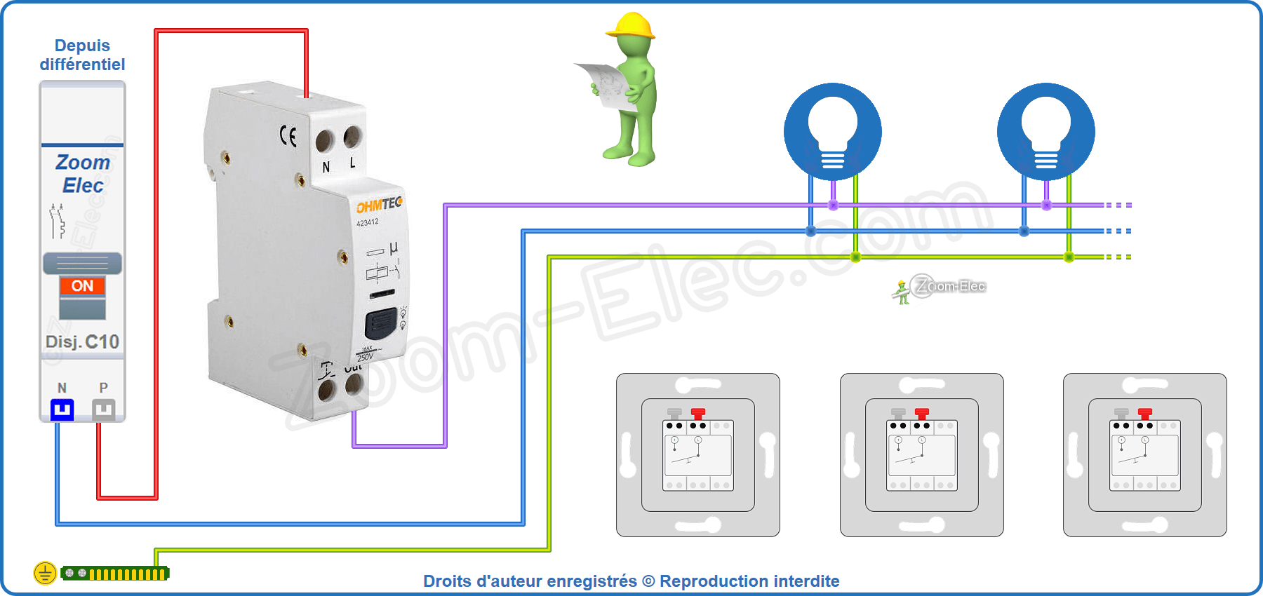 Installation et raccordement du circuit de puissance du télérupteur unipolaire silencieux Ohmtec 423412