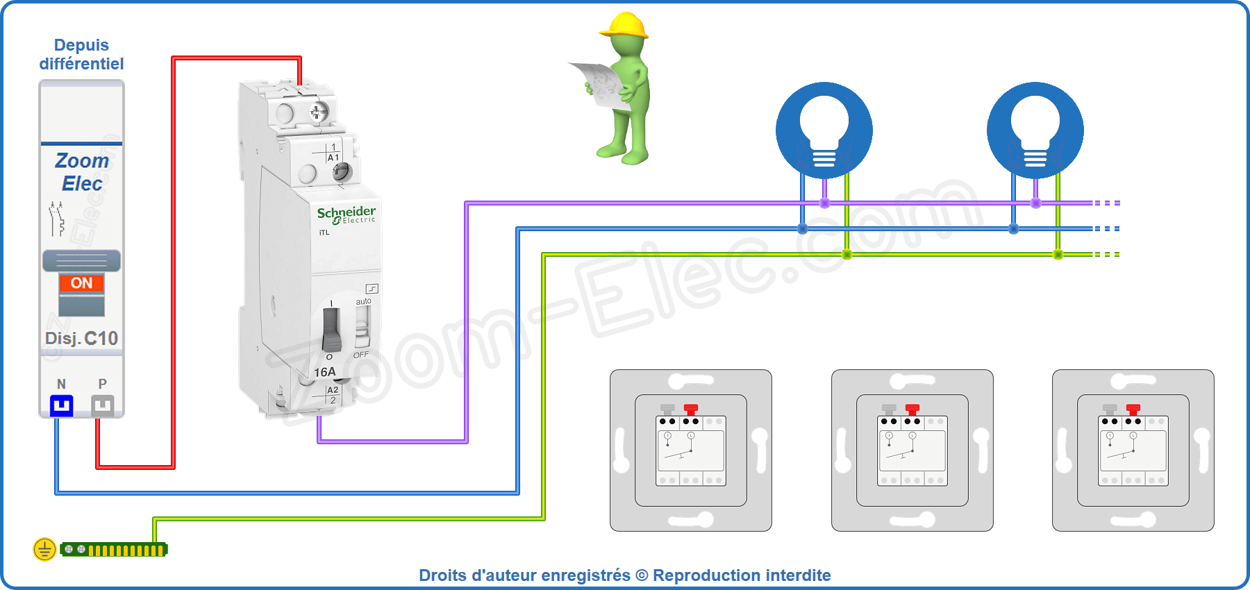 Installation et raccordement du circuit de puissance du télérupteur unipolaire Schneider Acti9 iTL A9C30811