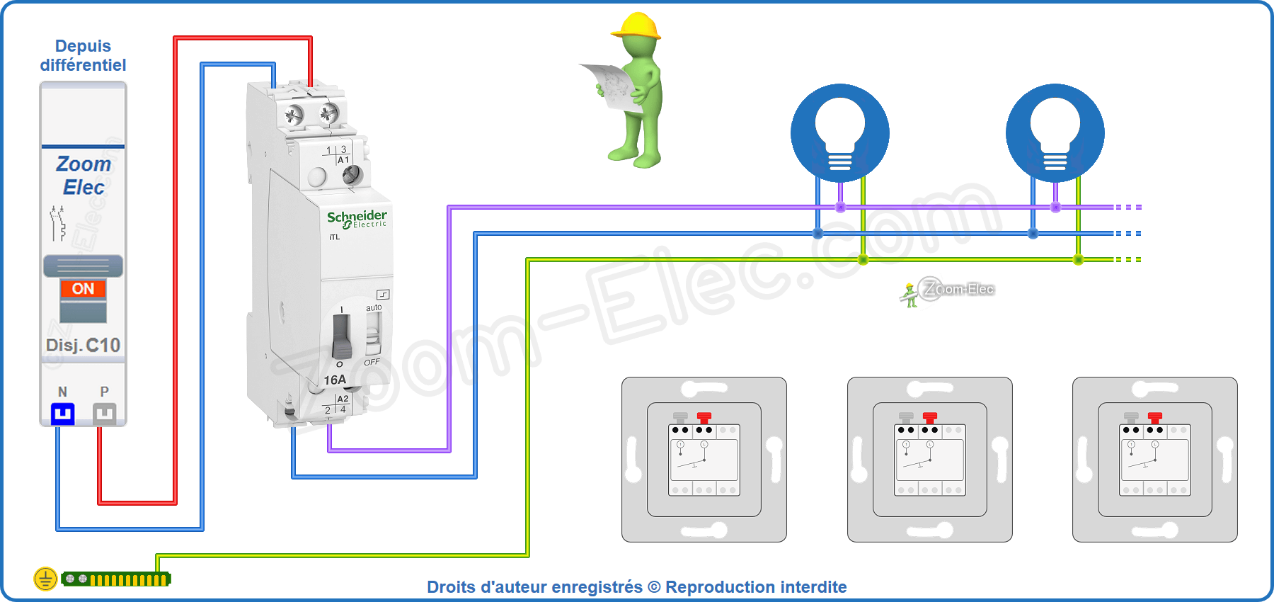 Installation et raccordement du circuit de puissance du télérupteur bipolaire Schneider Acti9 iTL A9C30812