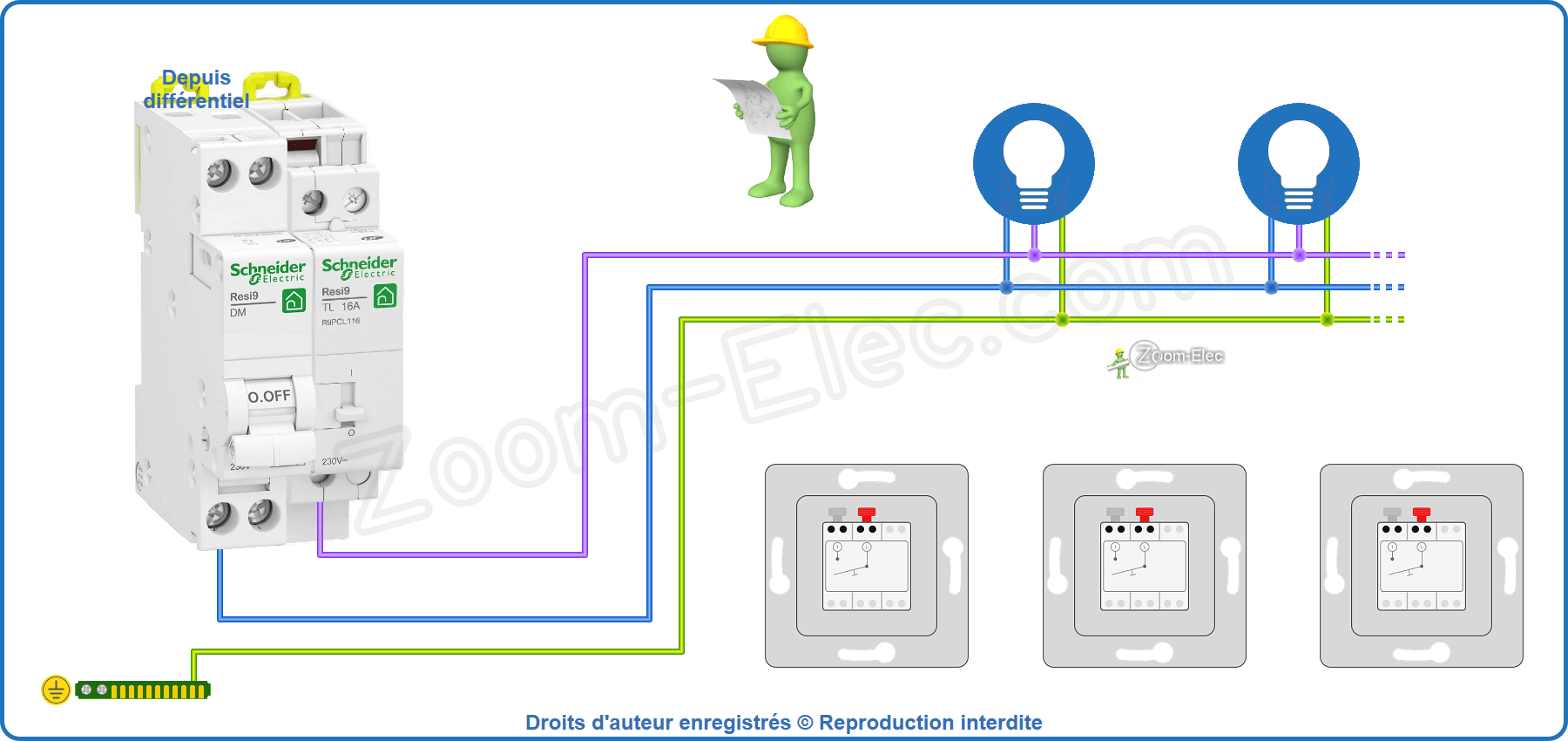 Installation et raccordement du circuit de puissance du télérupteur Schneider Resi9 R9PCL116 et 16406