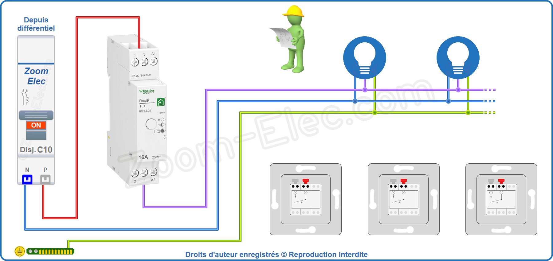 Installation et raccordement du circuit de puissance du télérupteur Schneider Resi9 R9PCL2S