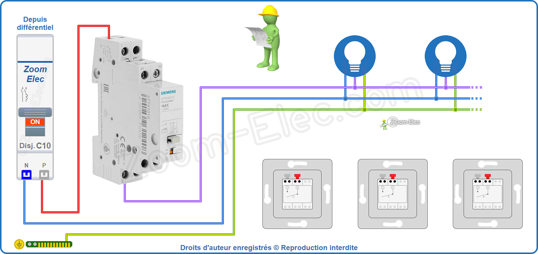 Installation et raccordement du circuit de puissance du télérupteur unipolaire unipolaire Siemens