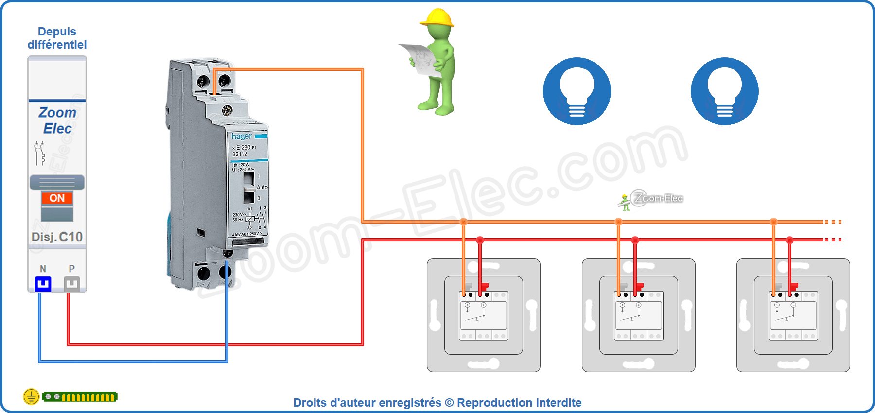 Montage du circuit de commande de l'ancien télérupteur bipolaire Hager E220 33112