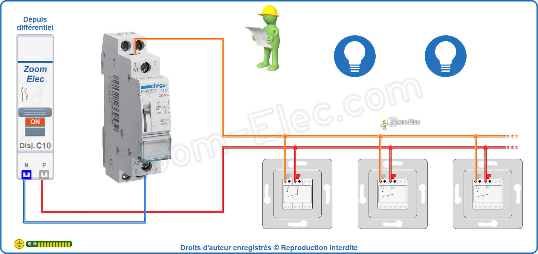 Montage du circuit de commande du télérupteur bipolaire Hager EPN520