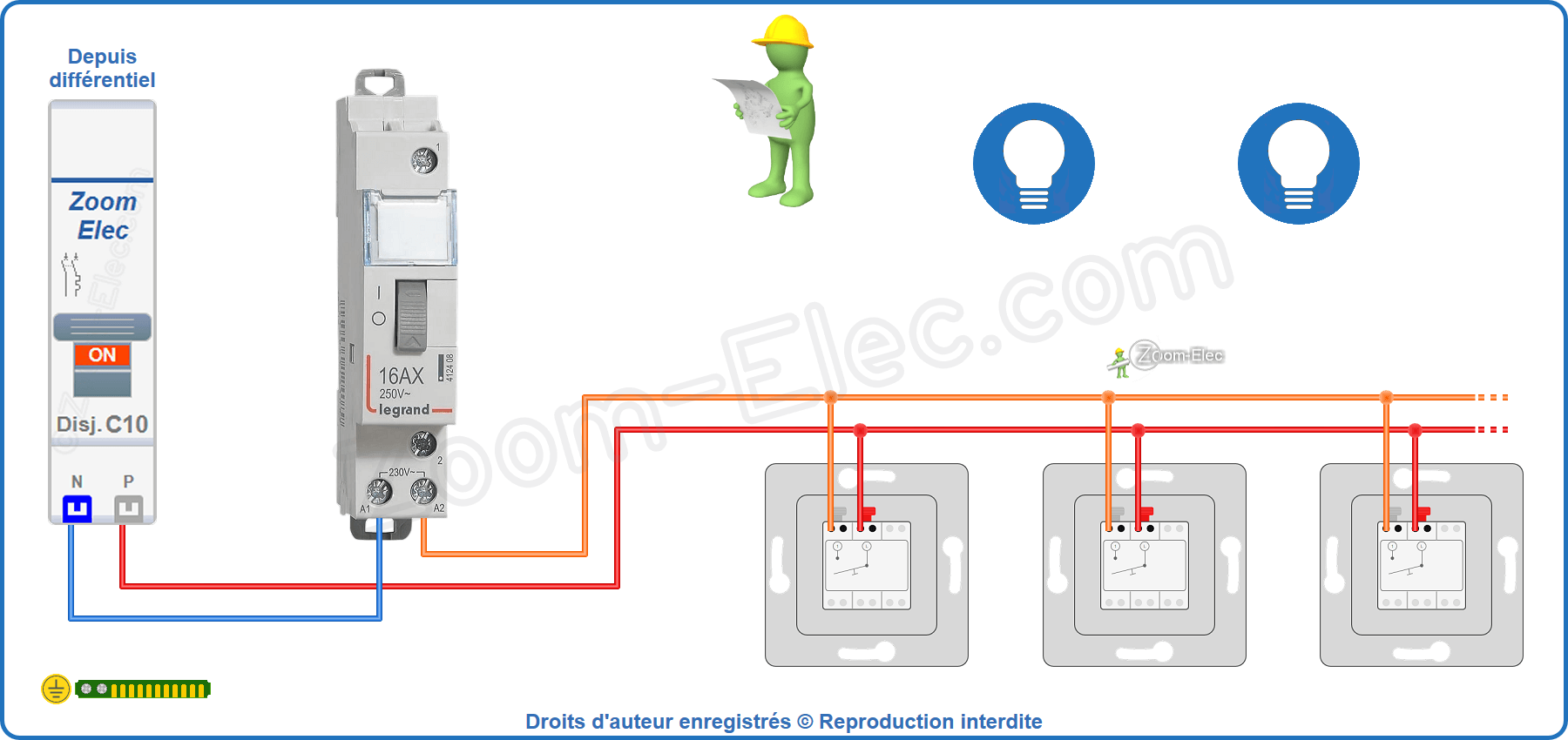 Montage du circuit de commande du télérupteur Legrand 412408 et 92700