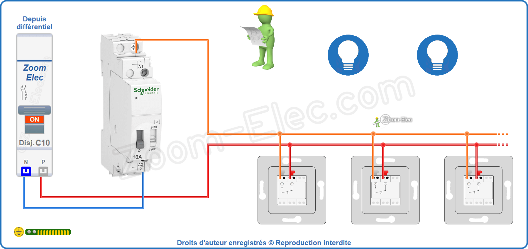 Montage du circuit de commande du télérupteur Schneider Acti9 iTL A9C30811