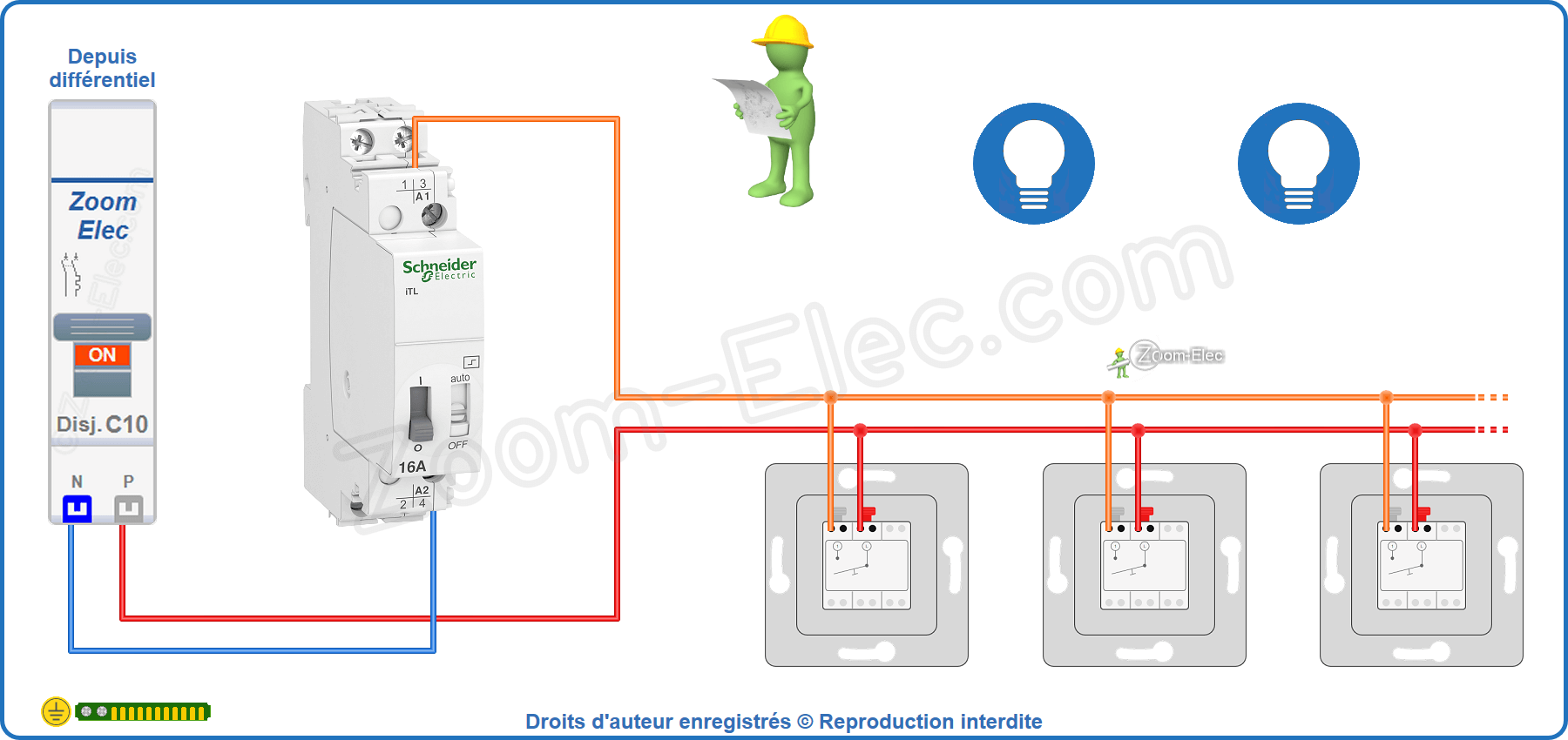 Montage du circuit de commande du télérupteur bipolaire Schneider Acti9 iTL A9C30812