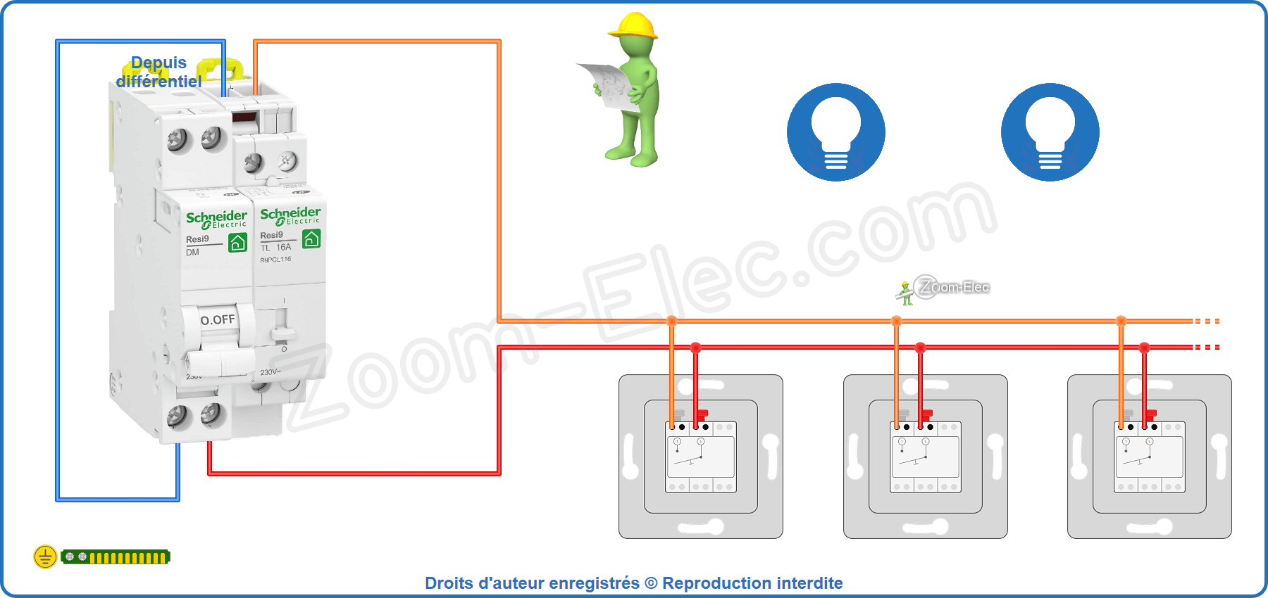 Montage du circuit de commande du télérupteur Schneider Resi9 R9PCL116 et 16406
