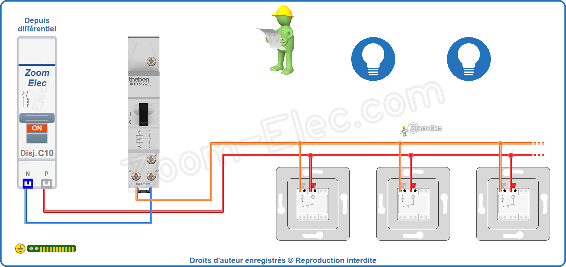 Montage du circuit de commande du télérupteur unipolaire Theben Okto S12-230 3120120