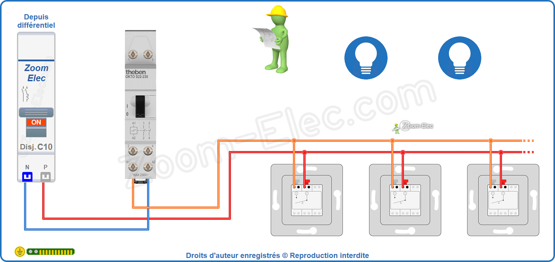 Montage du circuit de commande du télérupteur bipolaire Theben Okto S22-230 3120122