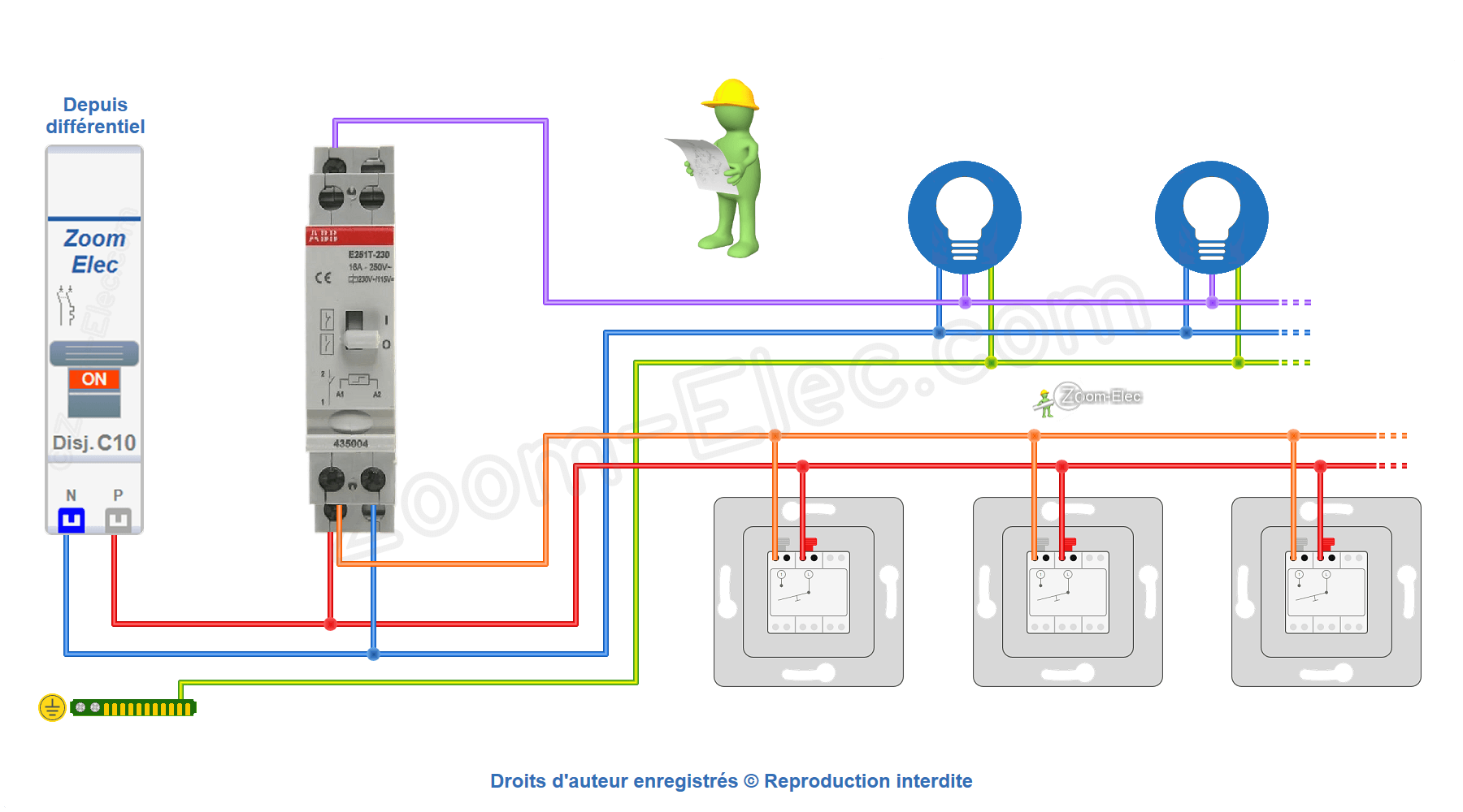 Schéma de câblage et branchement du télérupteur unipolaire ABB E251T 435004