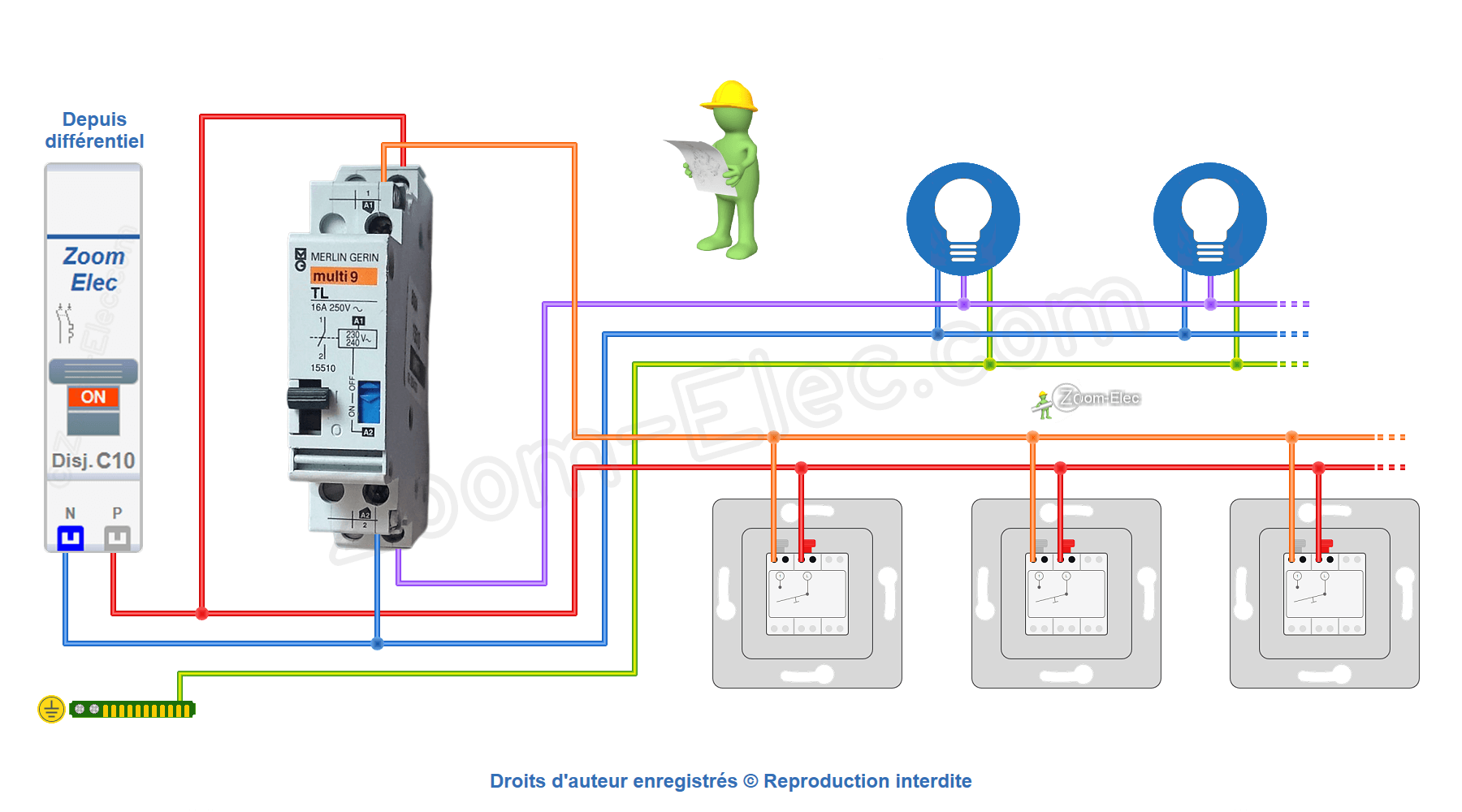 Schéma de câblage et branchement du télérupteur Merlin Gerin Multi9 15510
