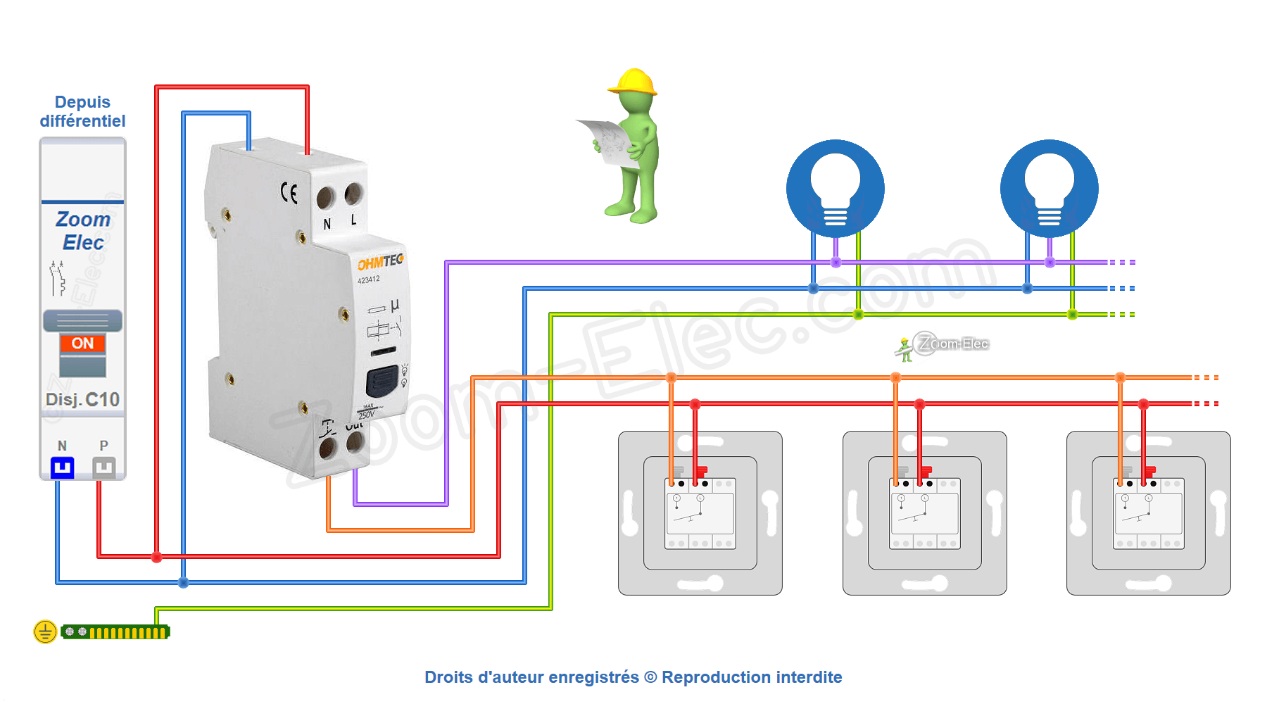 Schéma de câblage et branchement du télérupteur Ohmtec 423412