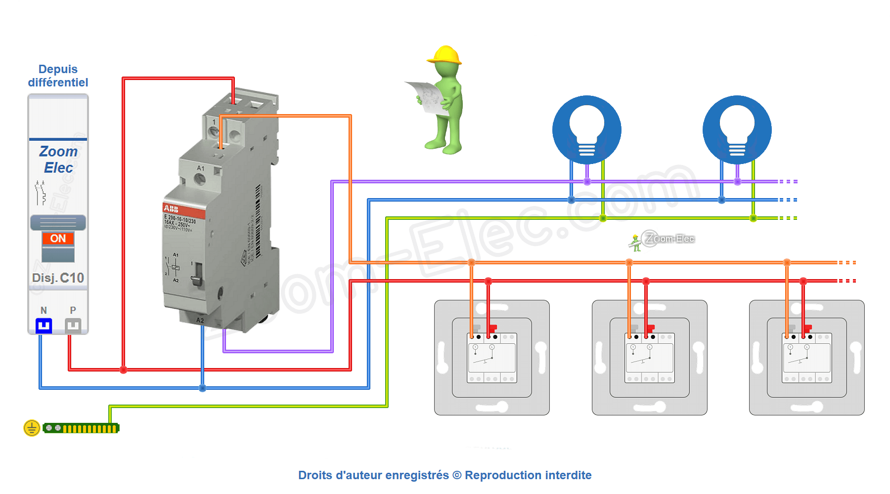 Schéma de câblage et branchement du télérupteur unipolaire ABB E290-16-10