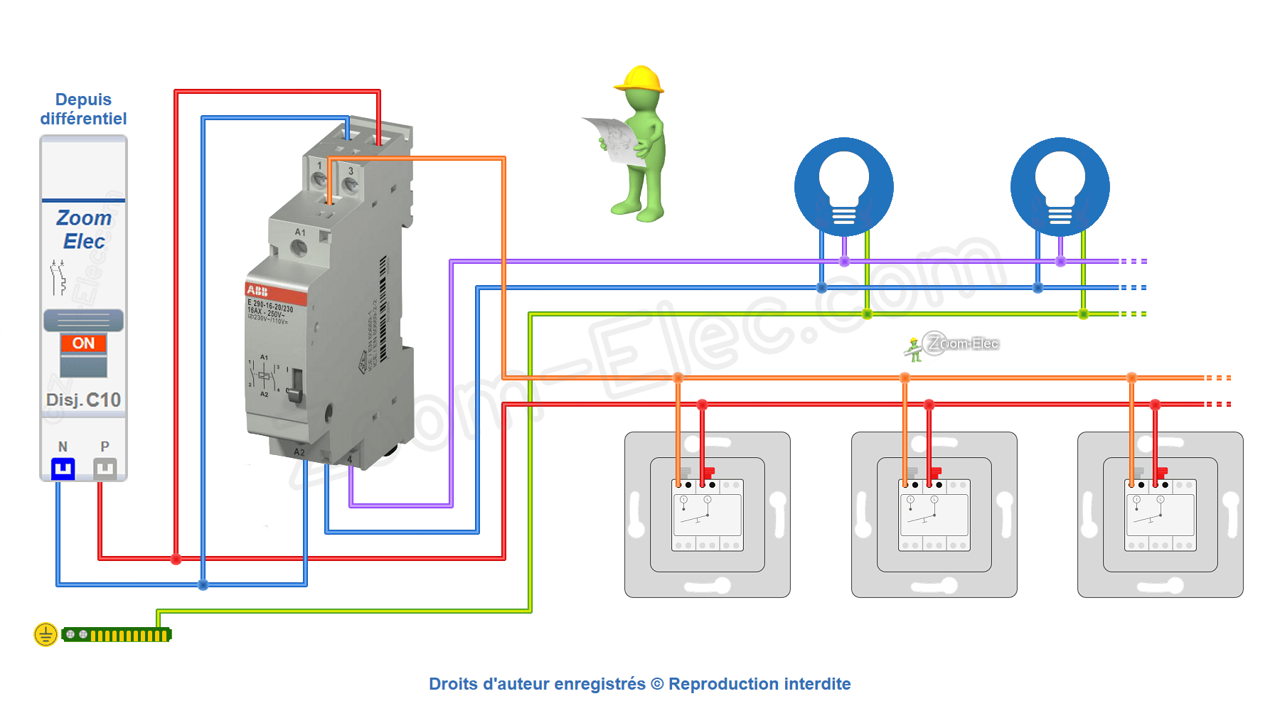 Schéma de câblage et branchement du télérupteur bipolaire ABB E290-16-20